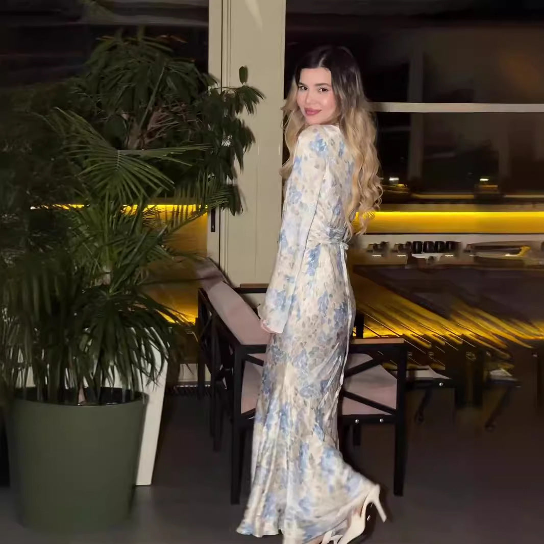 Spring Gentle Satin Printed Ladies Dress