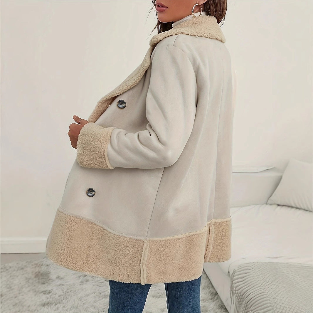 Apricot Lapel Lamb Wool Contrast Color Long Coat