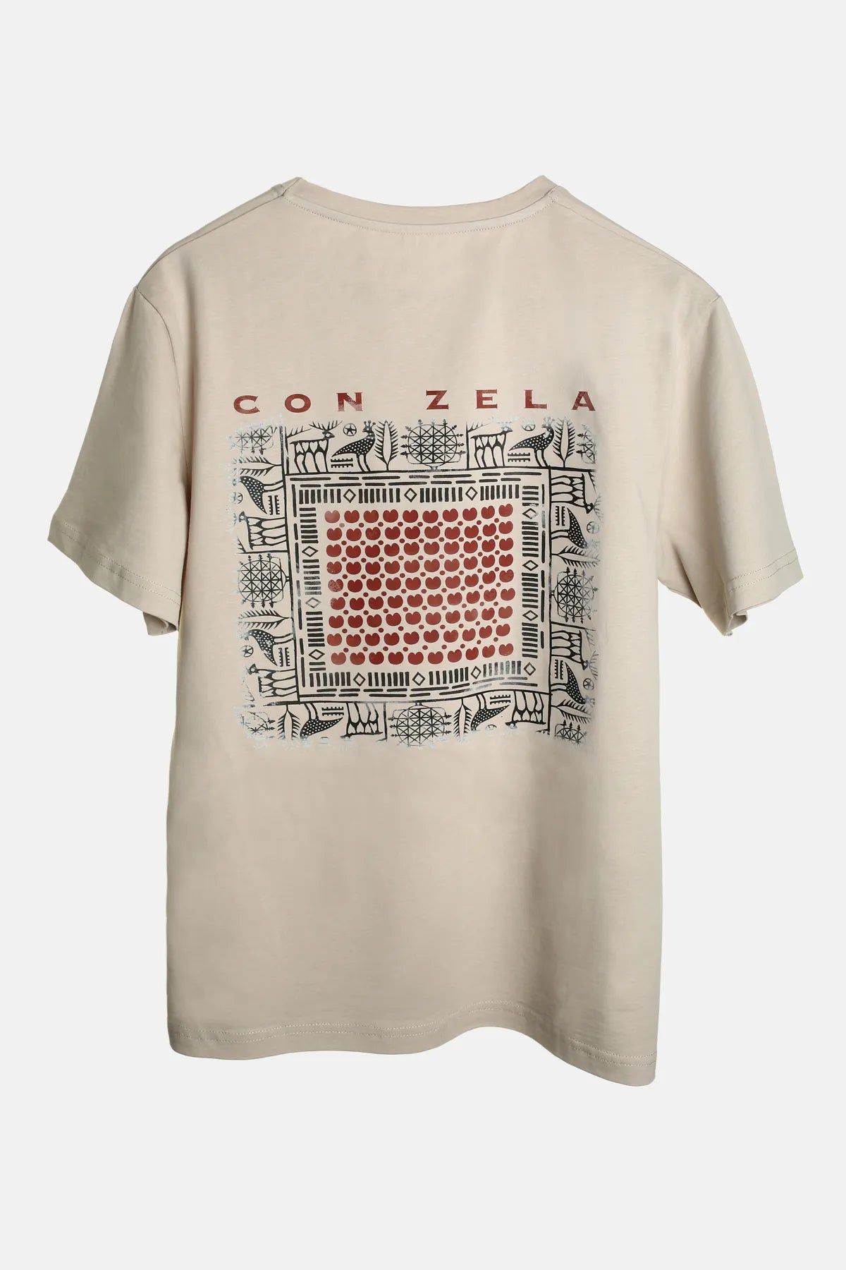 Con Zela Almıla Printed Unisex Oversize Beige T-shirt