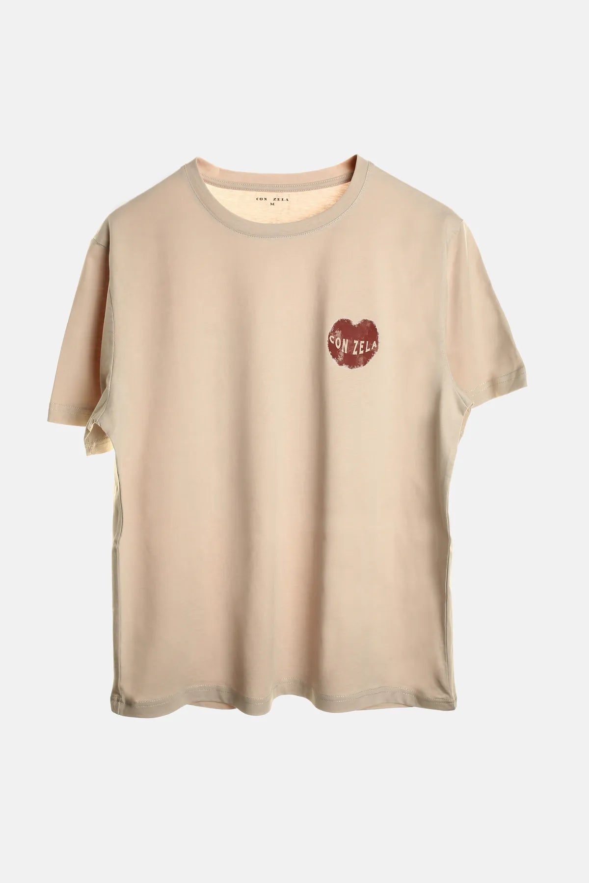 Con Zela Almıla Printed Unisex Oversize Beige T-shirt