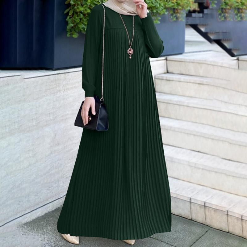 Pleated Skirt Solid Color Round Neck Long Sleeve Pleated Dress