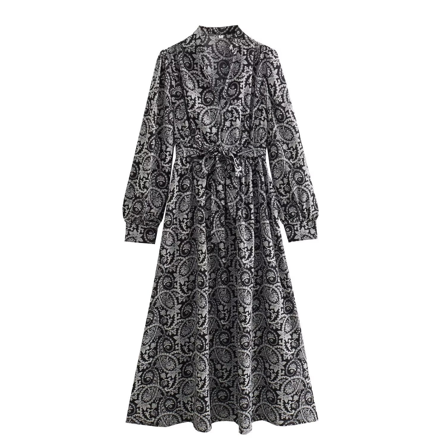 Women's French Style Temperament Floral Print Waist-controlled Slimming Long Sleeve Dress