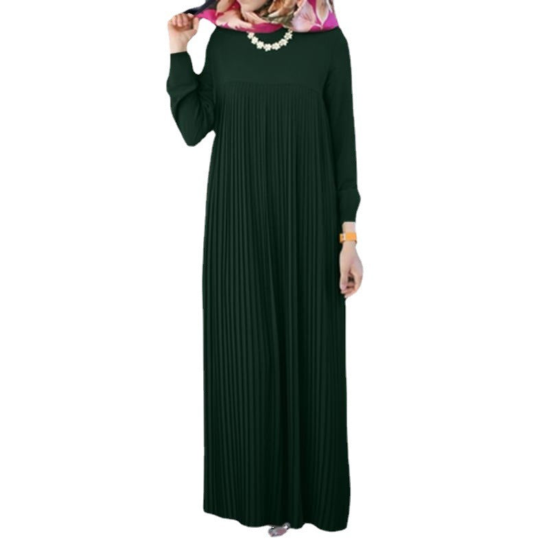 Pleated Skirt Solid Color Round Neck Long Sleeve Pleated Dress