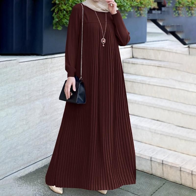 Pleated Skirt Solid Color Round Neck Long Sleeve Pleated Dress