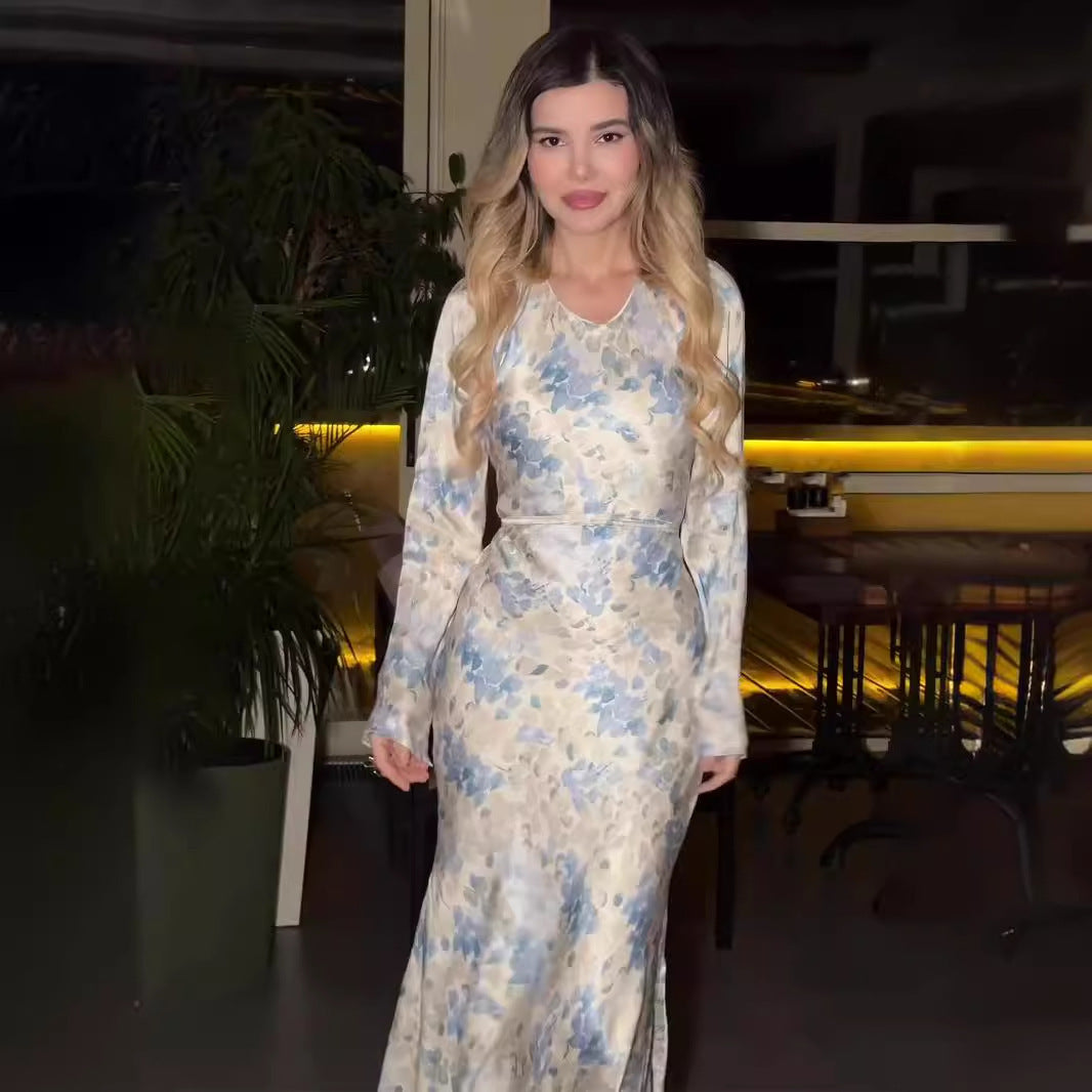 Spring Gentle Satin Printed Ladies Dress