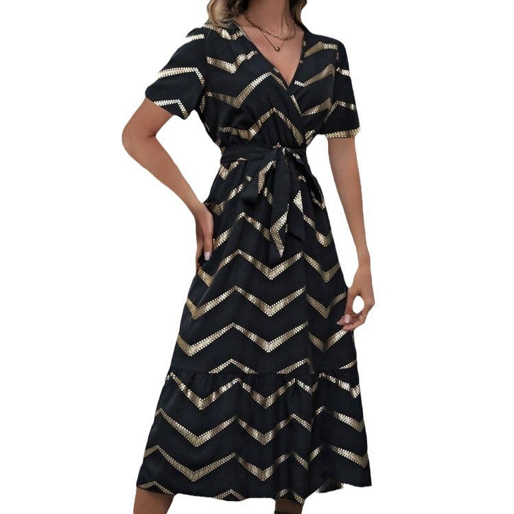 Striped Print Belt Elegant Short Sleeve Dress