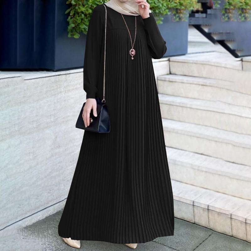 Pleated Skirt Solid Color Round Neck Long Sleeve Pleated Dress