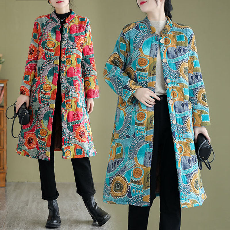 Retro Printed Thickening Stand Collar Middle Long Cotton-padded Coat